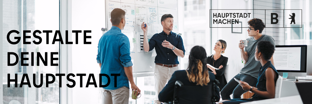Headerbild Titel Gestalte deine Hauptstadt Lerngruppe im Hintergrund Berlin Logo Hauptstadt machen