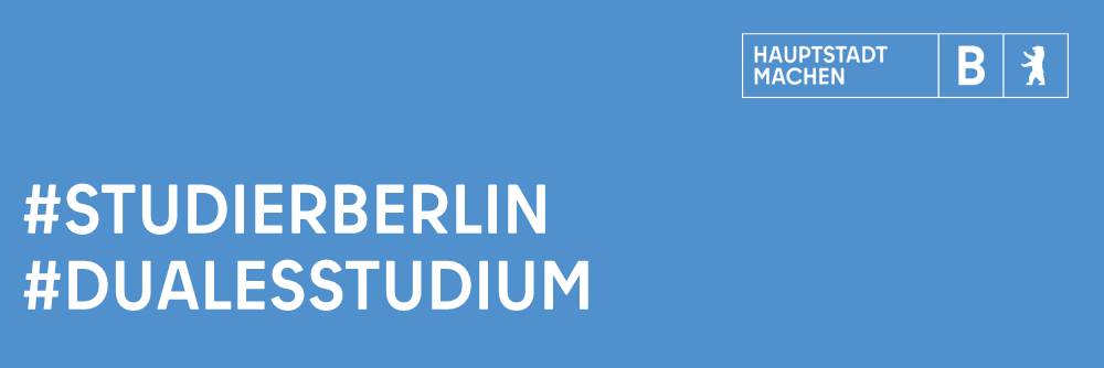 Headerbild #StudierBerlin#DualesStudium Blauer Hintergrund Berlin Logo Hauptstadt machen